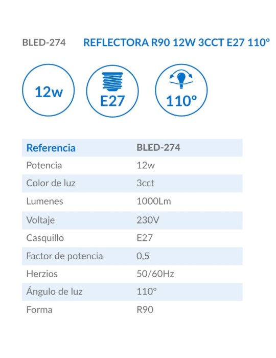 Bombilla LED R90 E27 12W 3CCT Atmoss BLED-274