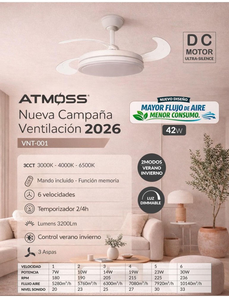 Atmoss Ventilador de Techo Atmoss VNT-001 42W DC 3CCT con Luz LED y Ma