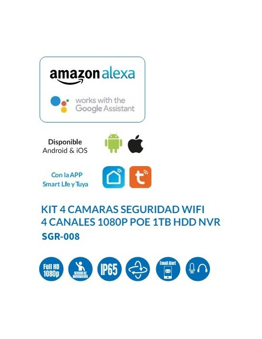 Atmoss KIT 4 Cámaras TUYA WIFI 4CH 1080P POE HDD SGR-008