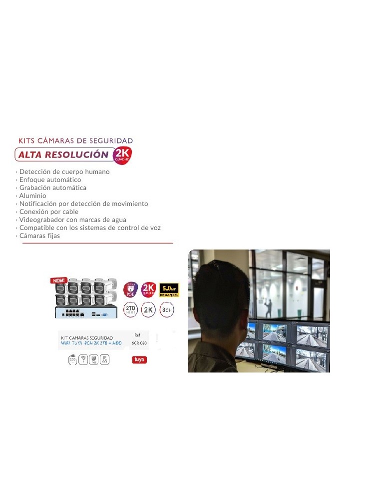 Atmoss KIT cámaras de seguridad WIFI TUYA 8CH 2K 1TB  HDD SGR-030