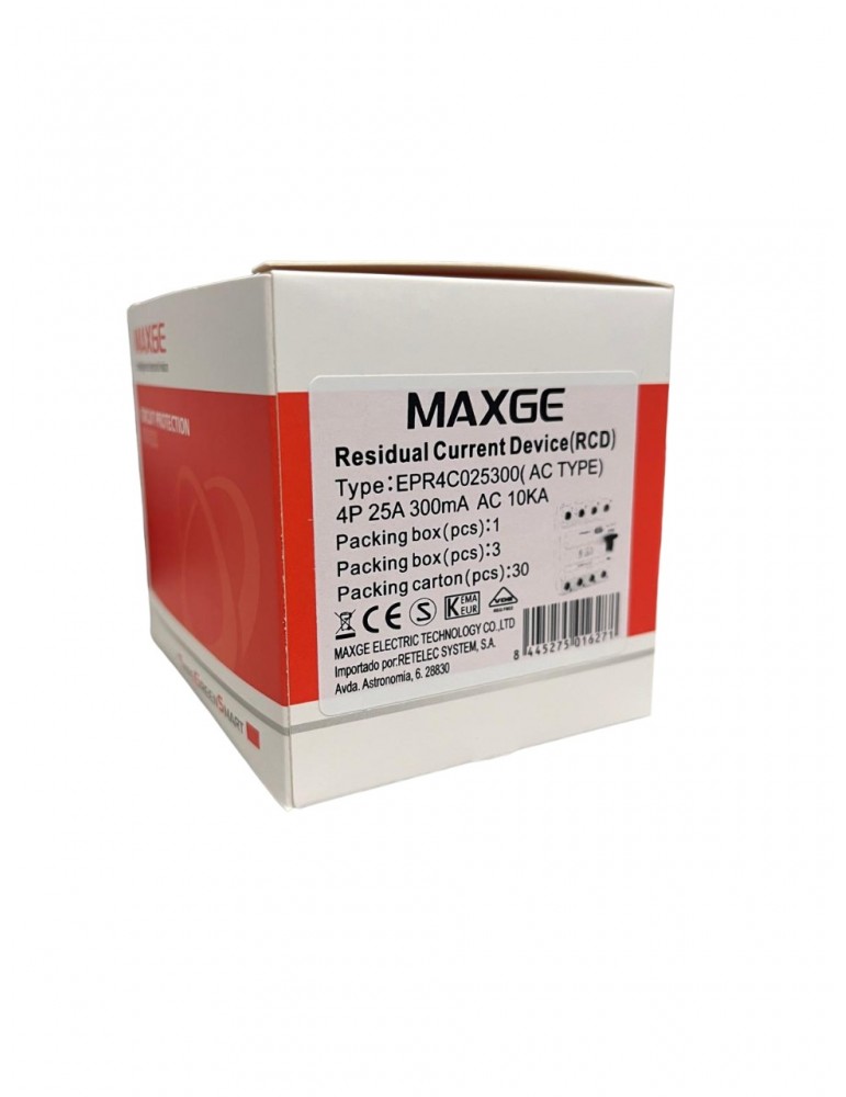Maxge Diferencial 4P 25A 300mA AC 10kA EPR4C025300